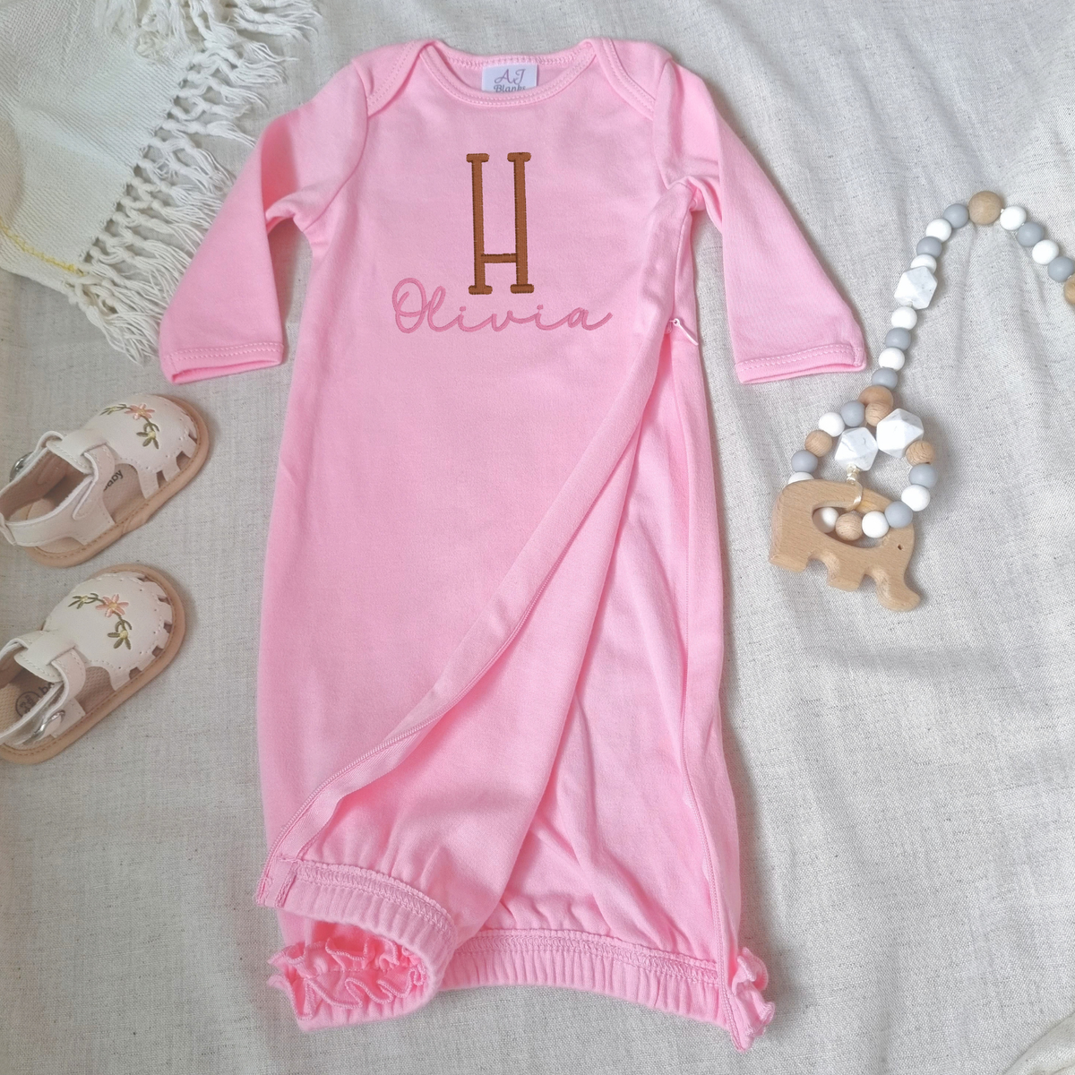 Personalised Ruffle Baby Gown Set with Hidden Zipper.(Gown+Hat)