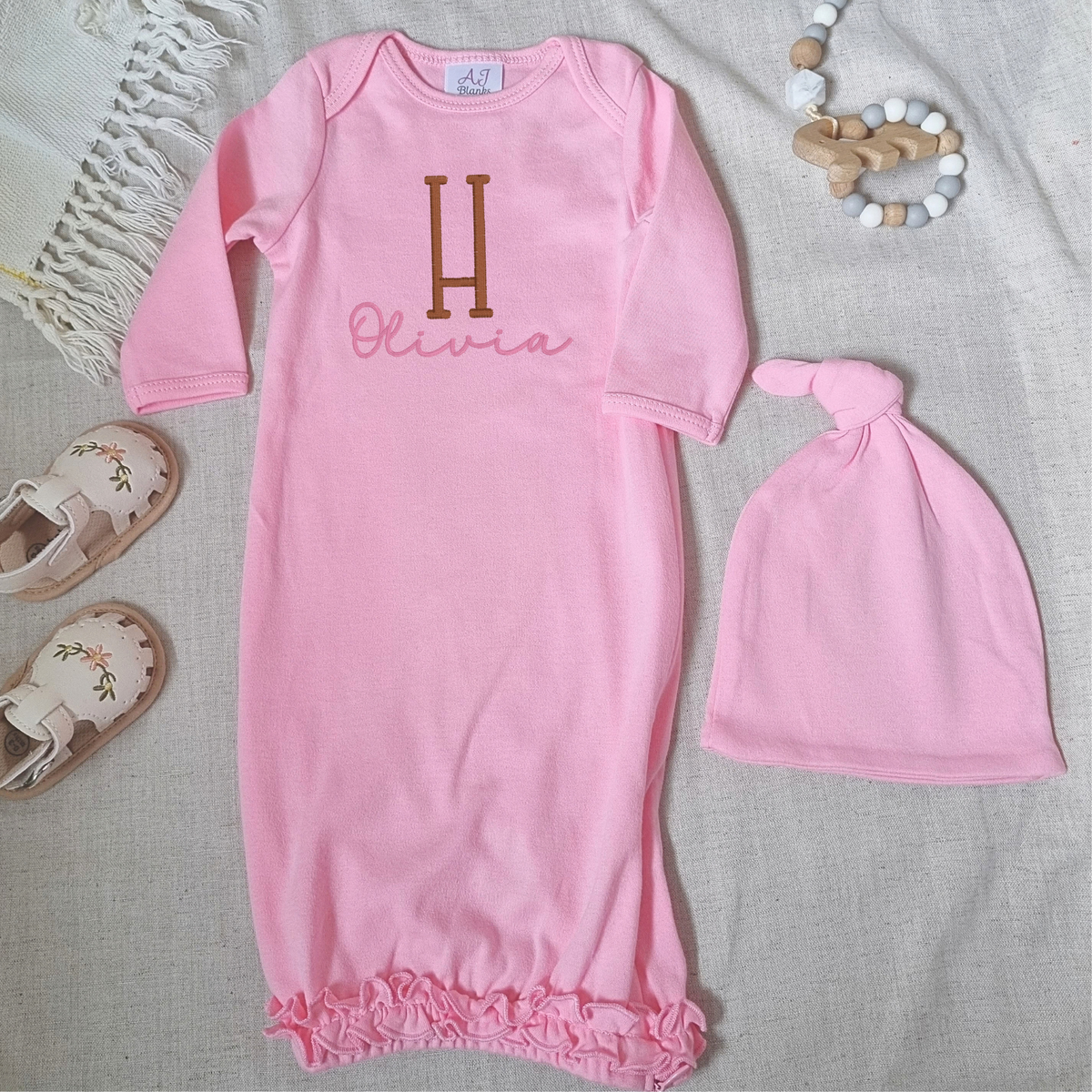 Personalised Ruffle Baby Gown Set with Hidden Zipper.(Gown+Hat)