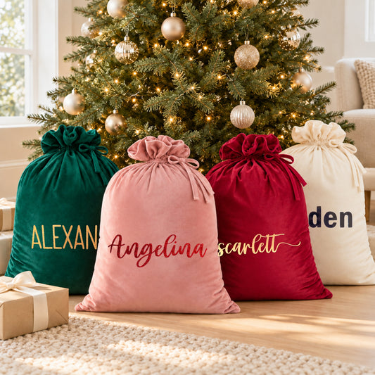 Four personalized Christmas stocking bags in green, pink, red, and cream, arranged on a wooden floor in front of a decorated Christmas tree. The bags have a velvet-like texture and are personalized with names in gold, red, and navy lettering.