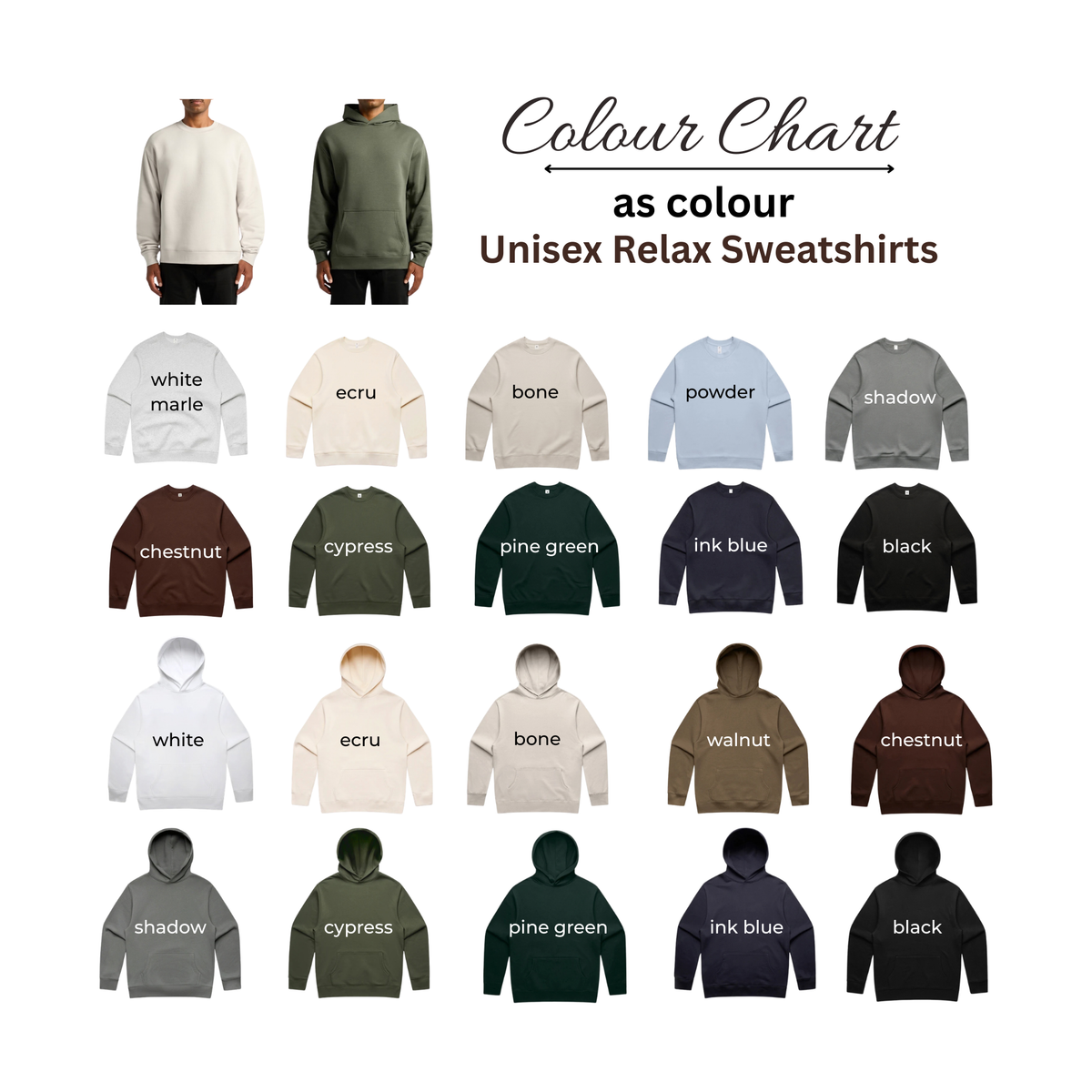 A color chart graphic showing multiple unisex relax sweatshirts in different colors, with two larger sweatshirts at the top and smaller sweatshirts arranged in rows below. Text reads 'Colour Chart as colour Unisex Relax Sweatshirts' and labels each color variant such as white marlie, ecru, bone, powder, shadow, chestnut, cypress, pine green, ink blue, black, white, walnut, and chestnut.