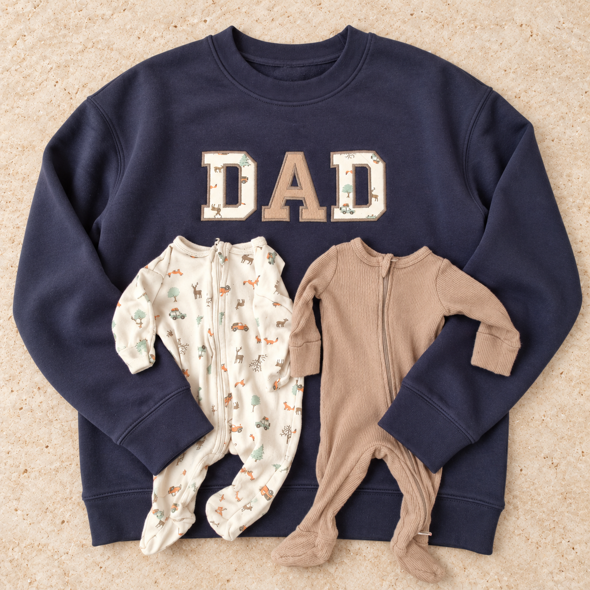 A navy blue crewneck sweatshirt with 'DAD' embroidered across the chest using his own baby clothes/garments,  styled flat-lay with two baby footed zip-up onesies on a textured beige background. One onesie is cream with a colorful animal print, and the other is solid tan.