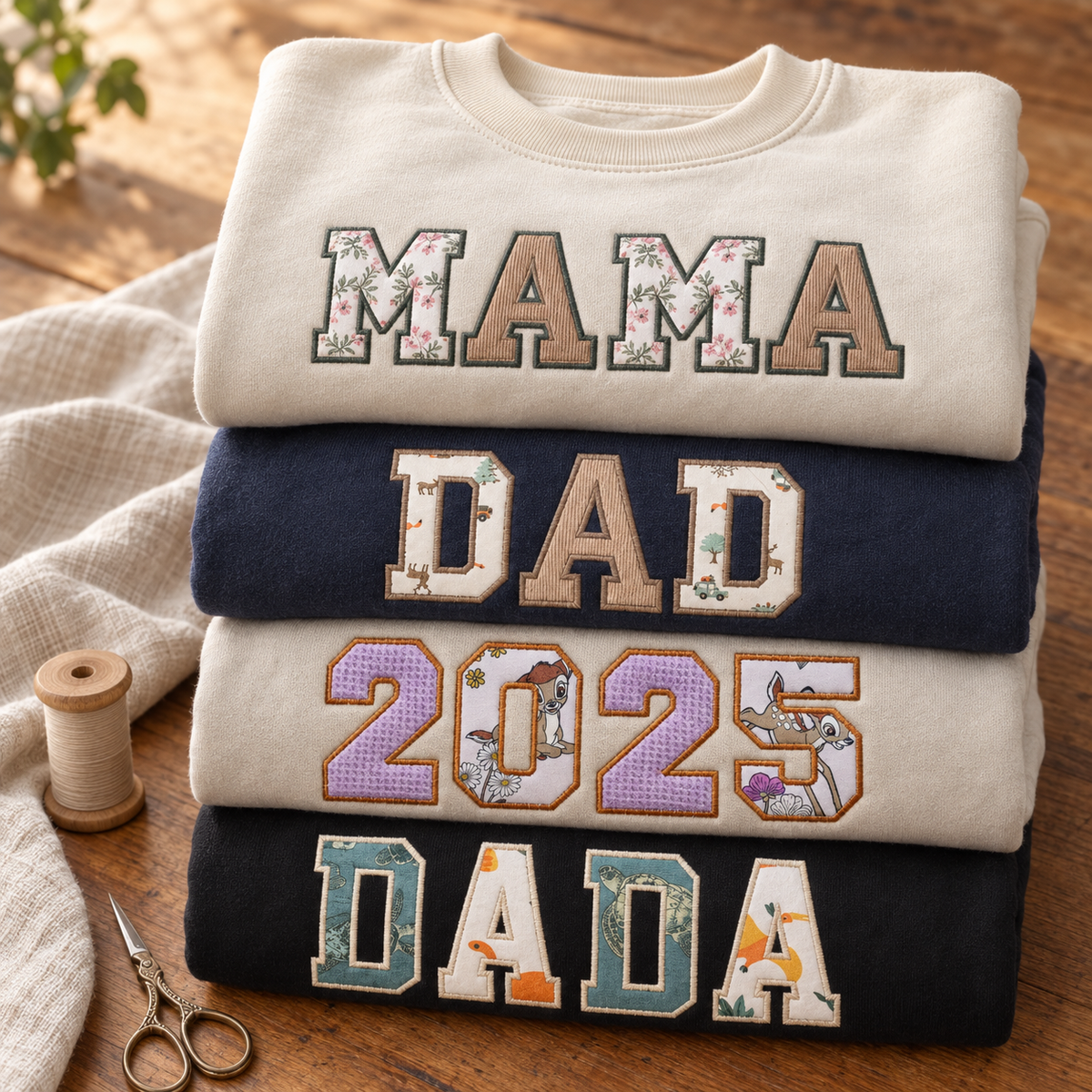 Four folded crewneck sweatshirts stacked on a wooden surface, each with large decorative lettering: 'MAMA', 'DAD', '2025', and 'DADA'. The sweatshirts come in cream, navy, and light beige/gray colorways, with floral and textured fill patterns in the letters.