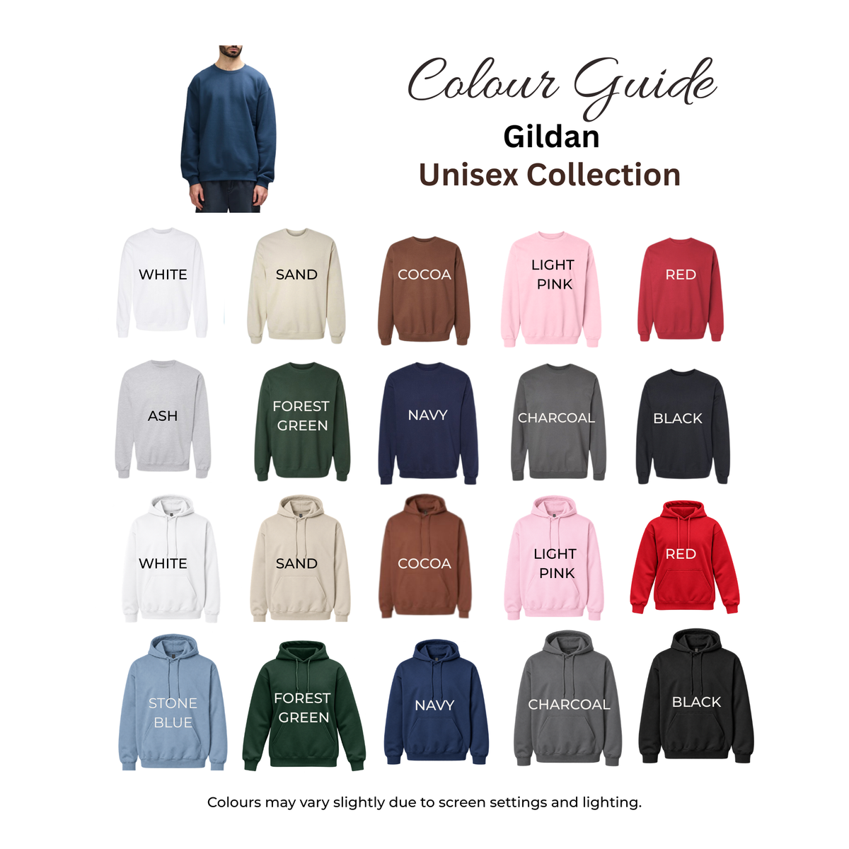 A color guide graphic for the Gildan Unisex Collection, showing a small model wearing a navy sweatshirt at the top and a grid of 24 sweatshirt color options below with labels such as White, Sand, Cocoa, Light Pink, Red, Ash, Forest Green, Navy, Charcoal, Black, Stone Blue, and more. Text at the top reads 'Colour Guide Gildan Unisex Collection' and text at the bottom says colors may vary slightly due to screen settings and lighting.