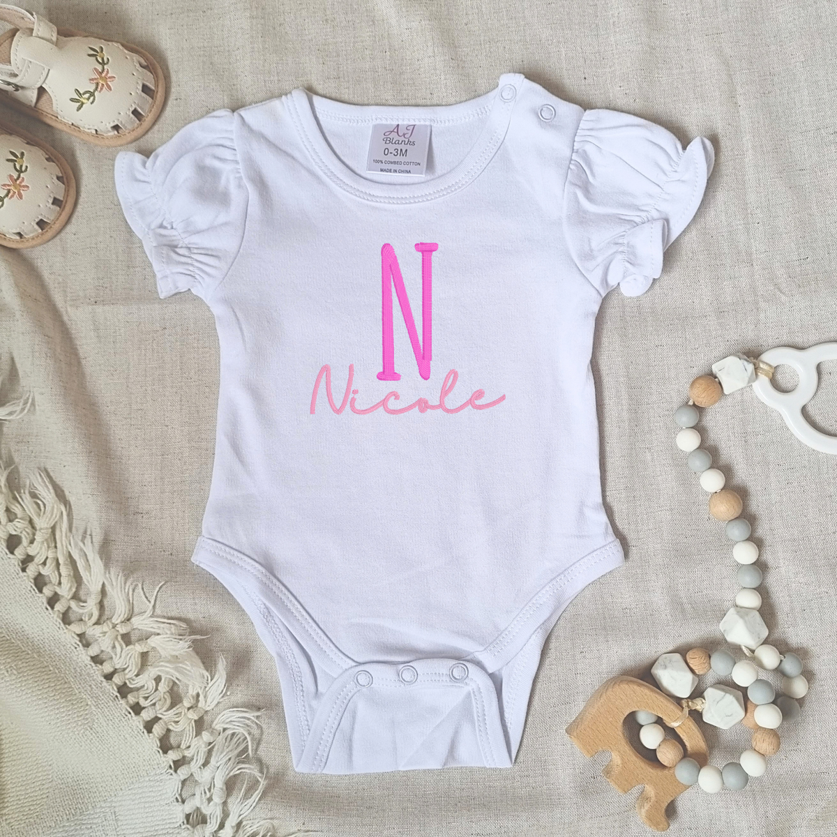 Personalised Girl's Ruffle Short Sleeve Bodysuit.