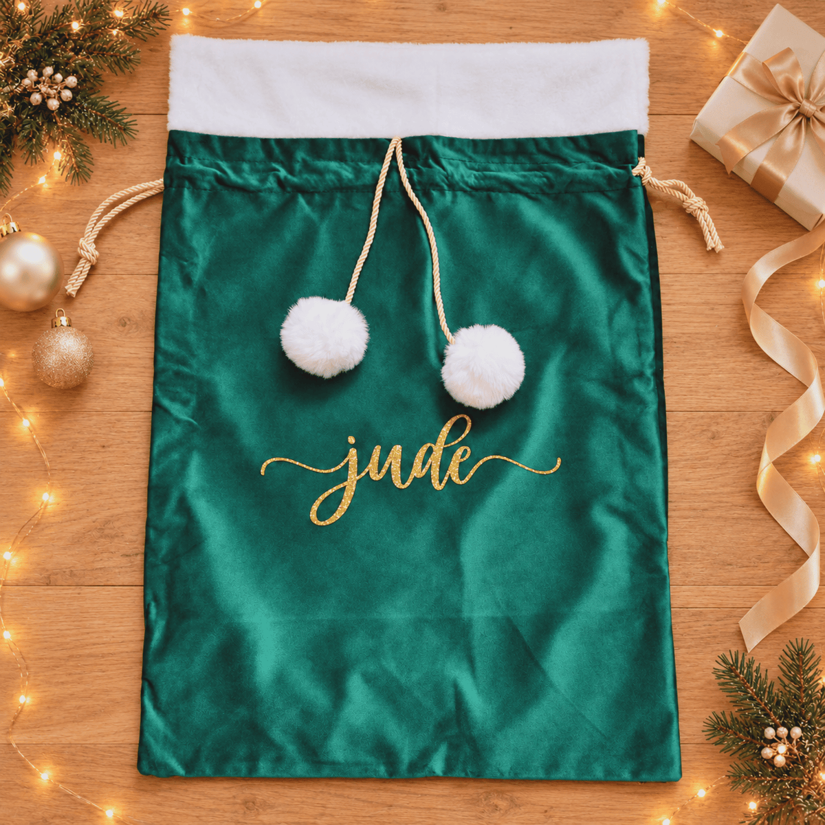 A green velvet Christmas Santa bag with a white faux fur trim, gold drawstrings with white pom-poms, and the name 'jude' embroidered in gold script on the front. The bag is laid flat on a wooden surface decorated with holiday lights, ornaments, pine branches, and a gift box.